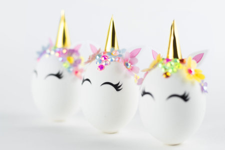 Easter unicorn eggs isolated on white background. Happy easter banner. Kids activity inspiration....