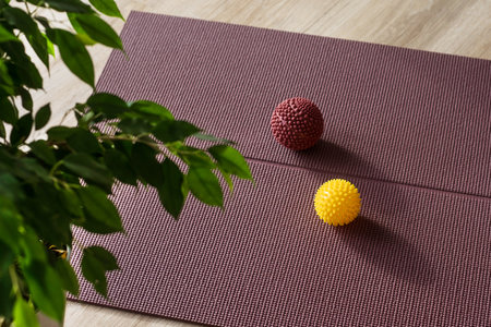 Trainer doing leg stretching exercises with fitness rubber balls. Fitness trainer doing exercises in pilates yoga studio. Concept of beauty, body care, health. Women health clubの写真素材