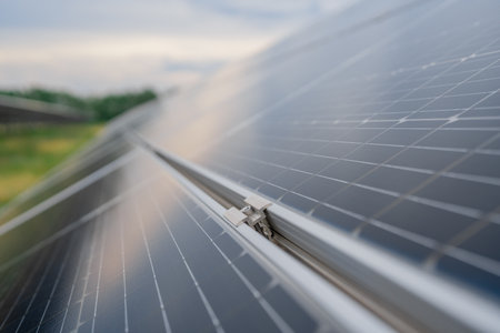 Solar panel, photovoltaic, alternative electricity source - concept of sustainable resources. Landscape of solar panels at solar power plantの写真素材