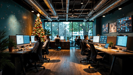 New Year in a modern corporate office, decorated workplaces, last day of work, Christmas holiday atmosphereの素材