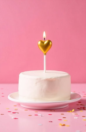 Small white cream birthday cake, one gold heart shape candle, birthdayの素材