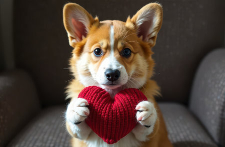 A delightful corgi gently holding a lovely heartshaped plush toy in its adorable pawsの素材