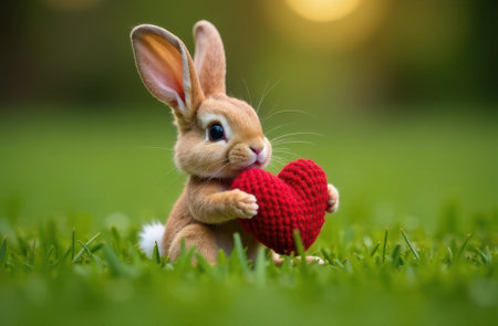 An absolutely adorable cute bunny gently holding a heart while nestled in a lush green field,の素材