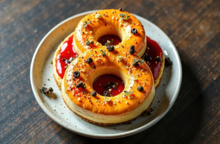 Number 8 made like cheesecake, flatlay style, top view, empty background for text.の素材