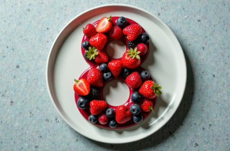 Number 8 made from different fruits and berries on a plate, flatlay style, top view, empty background for text. Womens World Dayの素材