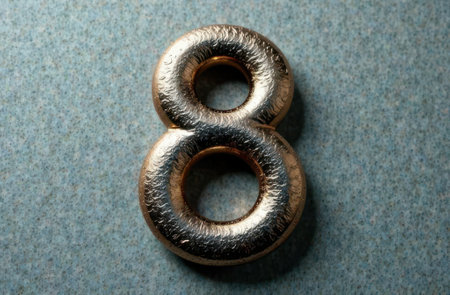 Creative card with Number 8 made from two round weights, flatlay style, top view, empty background for text. Womans World Day.の素材