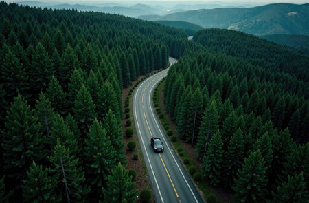 Car driving through pine forest, aerial view from drone, winding road windingの素材