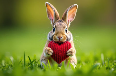 An absolutely adorable cute bunny gently holding a heart while nestled in a lush green field,の素材