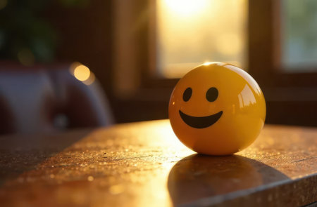 A Cheerful Smiley Ball Delightfully Illuminated in Bright Sunlight and Warm Ambianceの素材