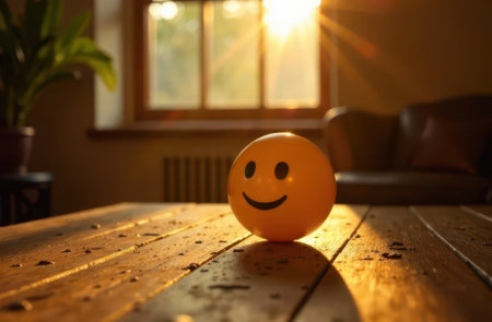 A Cheerful Smiley Ball Delightfully Illuminated in Bright Sunlight and Warm Ambianceの素材