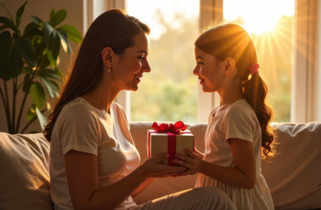 Cute little girl greeting her mother at home. Mothers day conceptの素材