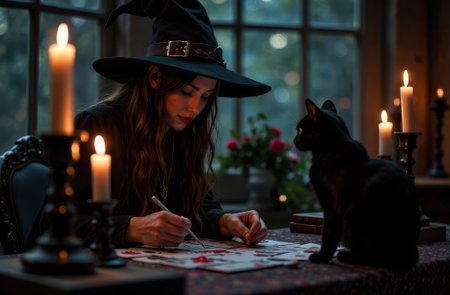Explore a Mystical Tarot Reading Enchanted by a Black Cat and Softly Glowing Candlesの素材