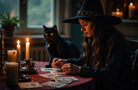 Explore a Mystical Tarot Reading Enchanted by a Black Cat and Softly Glowing Candlesの素材