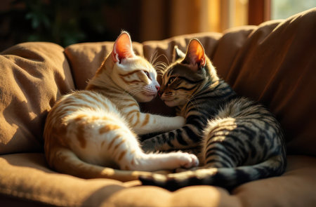 Two domestic white cats lying together on the sofa. close upの素材