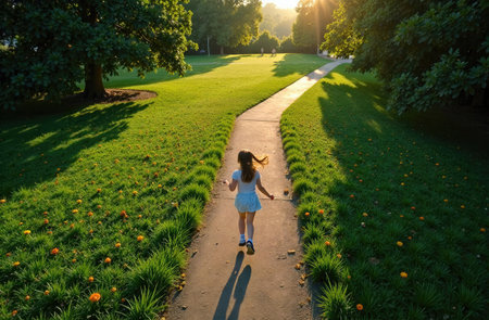 A joyful child is running freely in a beautiful park, enjoying the sunsets glow and vibrant colorsの素材