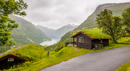 Local houses with sod roofs - Gerainger, Norwayのeditorial素材