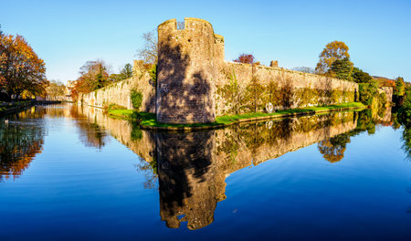 13th-century palace with a moat and bell-ringing swans, plus 14 acres of gardens with well pools.