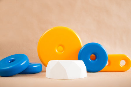 Pastel background with colorful shapes for branding and packaging presentation. Stylish geometric shapes for product display.の写真素材