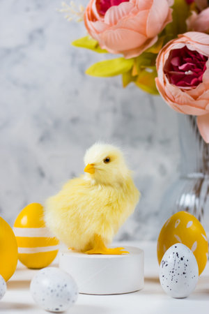 Easter card with colored eggs and chickens on a light background. Happy easter concept.Copy space.