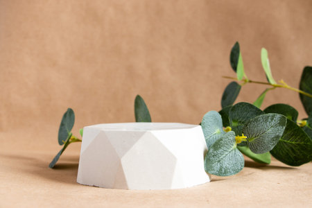 Minimal cosmetic background for product presentation. Concrete podium on kraft paper background....