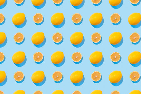 Seamless regular pattern with fresh lemons on a blue background. hard light. Minimal summer composition.の写真素材
