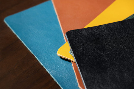 5 colors leather sample on wooden table.Materials for leather industry.