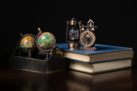 traditional ancient decorations on wood table with black background