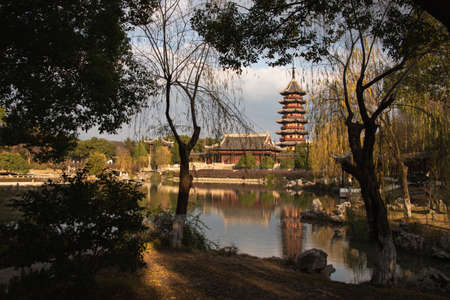 Ruiguang Pagoda in Suzhou,Jiangsu province,China.It has the longest history,building of 43.2 meters, built of both brick and wood.のeditorial素材