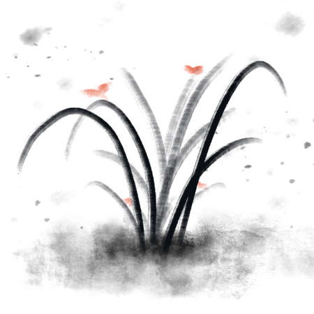chinese traditional ink weed background with fantasy orange flowers styleの写真素材
