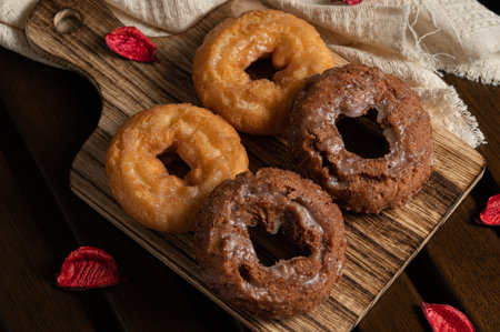 4 japanese donuts on wooden table with dark tone