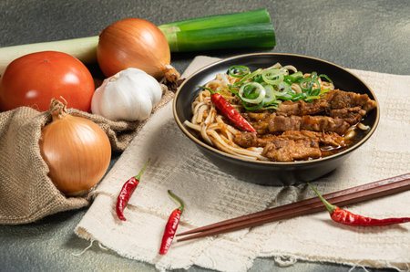 homemade traditional taiwanese pork noodle with pork broth and seasoning with...