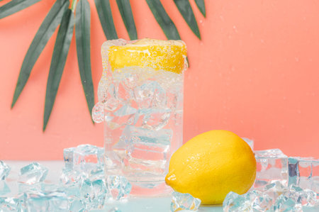 fresh summer ice drink, lemon soda with colorful background.