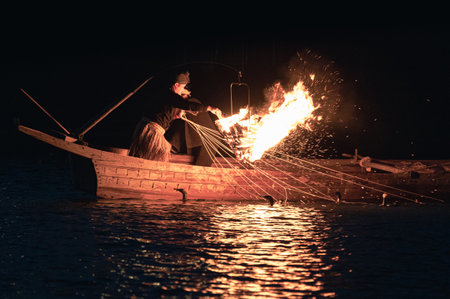 Gifu City,Gifu,Japan-19.07.2022:cormorant fishing in Gifu,Japan called Ukai,is an event more than 1300 years.This event starts from May to October.のeditorial素材