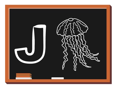 Illustration of alphabet letter J with a cute little Jellyfish isolated on blackboard  J is for Jellyfishのイラスト素材