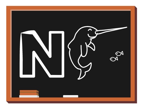 Illustration of alphabet letter N with a cute little narwhal on blackboard  N is for Narwhalのイラスト素材