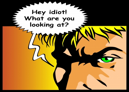 Bubble speech with text idiot written  Expression of defiance and anger  Comic style illustration of an angry man screaming のイラスト素材