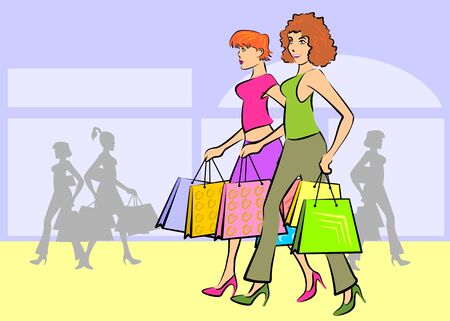 Women at the mall shopping carrying bags with gifts.のイラスト素材