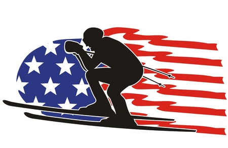 Skier American flying over the  flag. Symbol of patriotic pride in the winter games.のイラスト素材