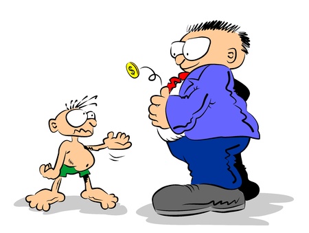 Rich man throws a coin to a beggar child.のイラスト素材