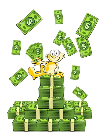 Conceptual illustration with a Money rain. Successful man who earns a lot money. Sitting on a fortune of dollars.のイラスト素材