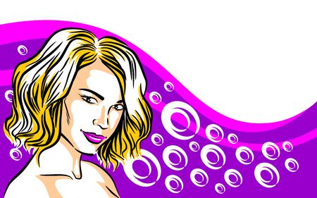 Illustration of a blond woman with short hair, over a background with ripples purple and magenta, with space on the right to place texts.のイラスト素材