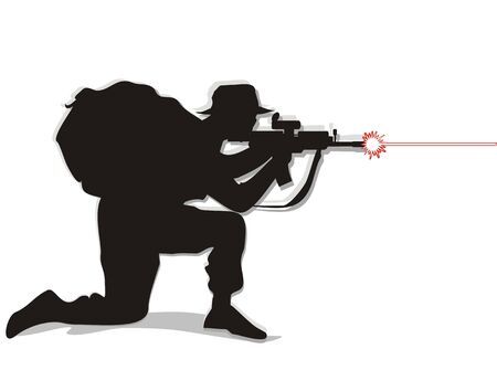 Black and white silhouette of a soldier firing his rifle combatのイラスト素材