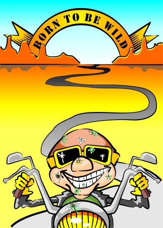 Enjoying the freedom of the road, speed, wind and insects hitting your face. Motorcyclist ride on the road with the desert and the mountains in the distance.のイラスト素材