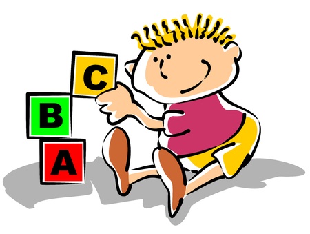 Little boy playing with building blocks. Conceptual illustration to promote preschool education.のイラスト素材