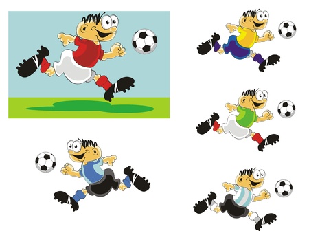 Funny soccer players running with the ball, ready to shoot at the goal.のイラスト素材
