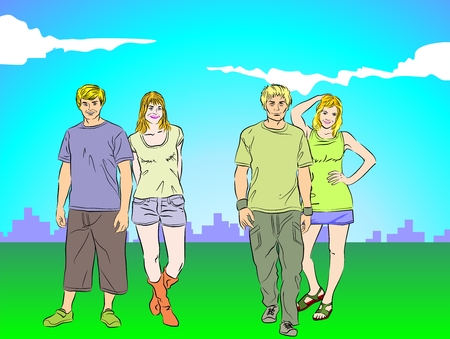 Four teenagers happy in the parkのイラスト素材