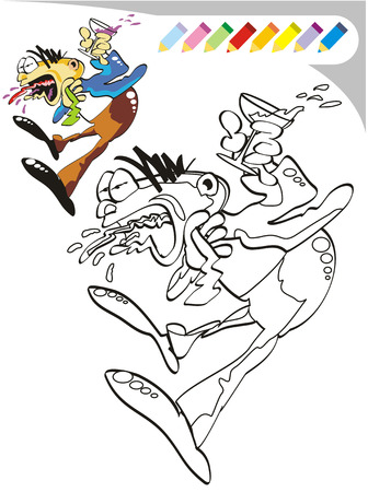 Coloring the funny cartoon. A set of black and white coloring book sketches. Painting the white sketch, following the details of the color image.のイラスト素材