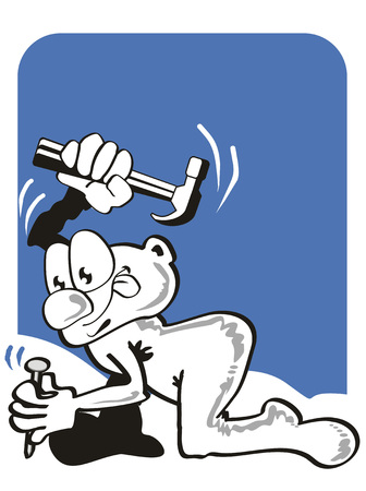 A handsome construction man using a hammer to nail together wood. Funny construction man using hammer.のイラスト素材