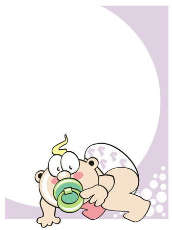 Greeting card with a little crawling baby, wearing diaper and putting a nipple in his mouth.のイラスト素材