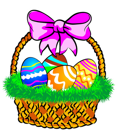 Illustration of a Easter basket with colorful eggs decorated, on grass.のイラスト素材